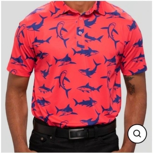 Waggle Golf Size Large Red Blue Golf Polo Stretch Sharks All Over Print Collar - Picture 1 of 5